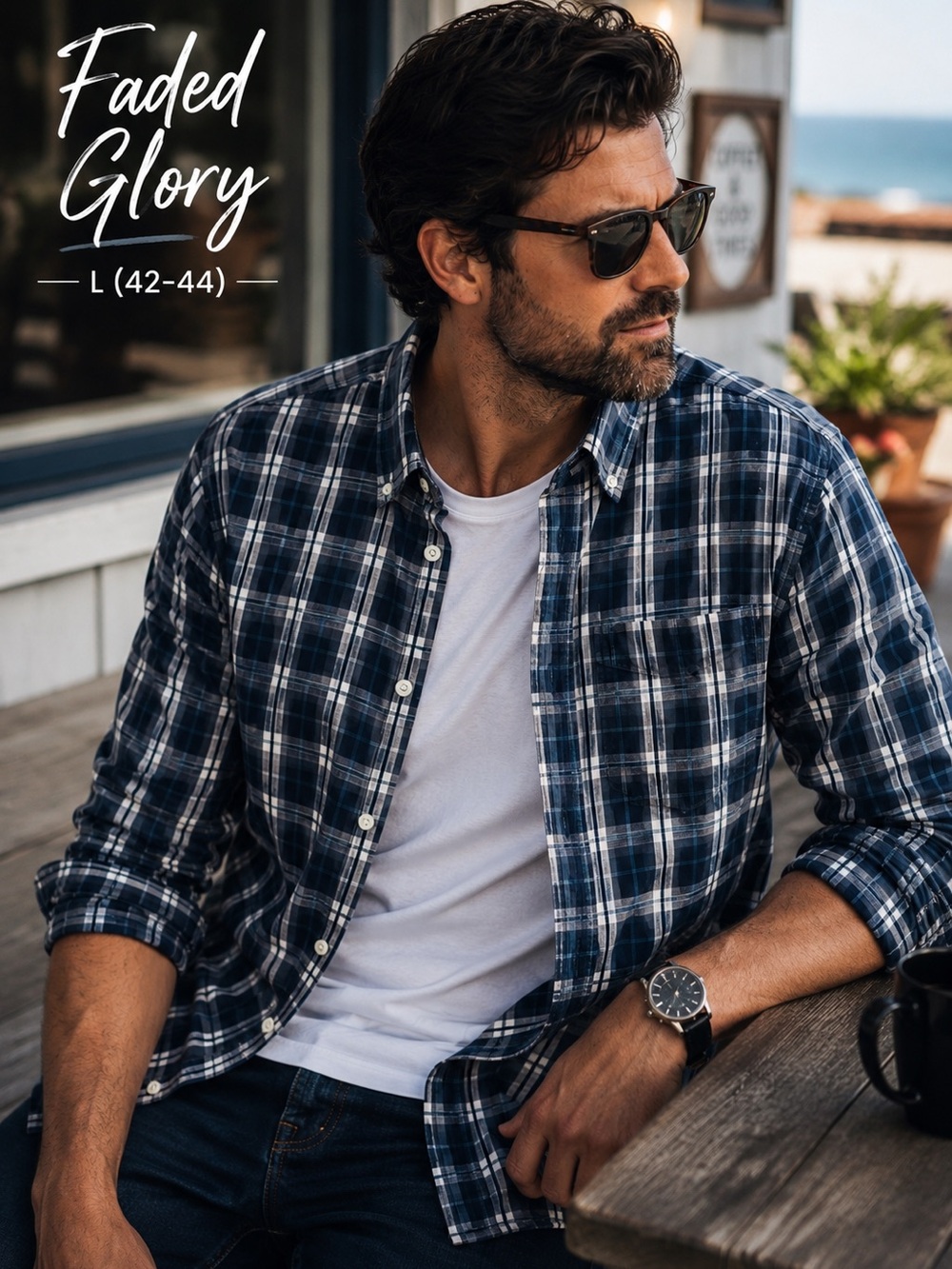 Faded Glory Blue Plaid Button Down Shirt Men’s Size L Rugged Casual